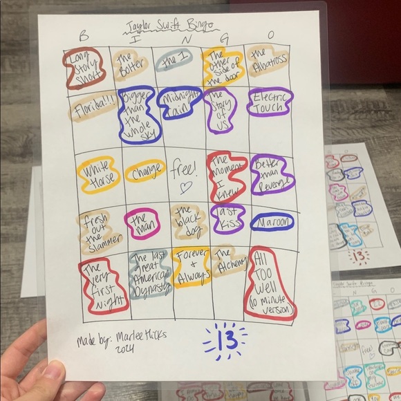Handmade Taylor Swift Bingo Sheets - Set of 6 - Picture 2 of 7